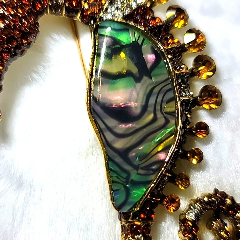Fabulous Amber Colored Rhinestone & Abalone Sea Horse Gold Tone Brooch Pin
